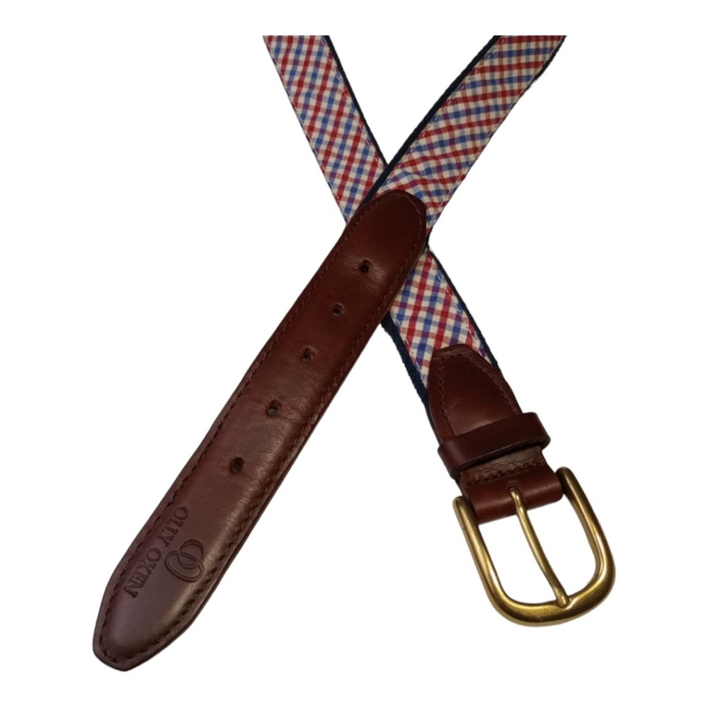 Olly Oxen Red Blue Gingham Leather Belt Size 40 / 100 - Picture 4 of 6